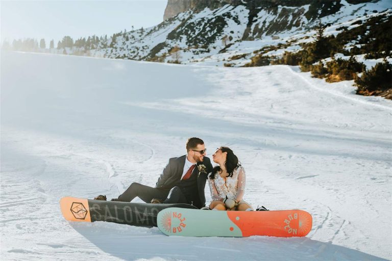 An epic snowboarding wedding in the Dolomites in Italy