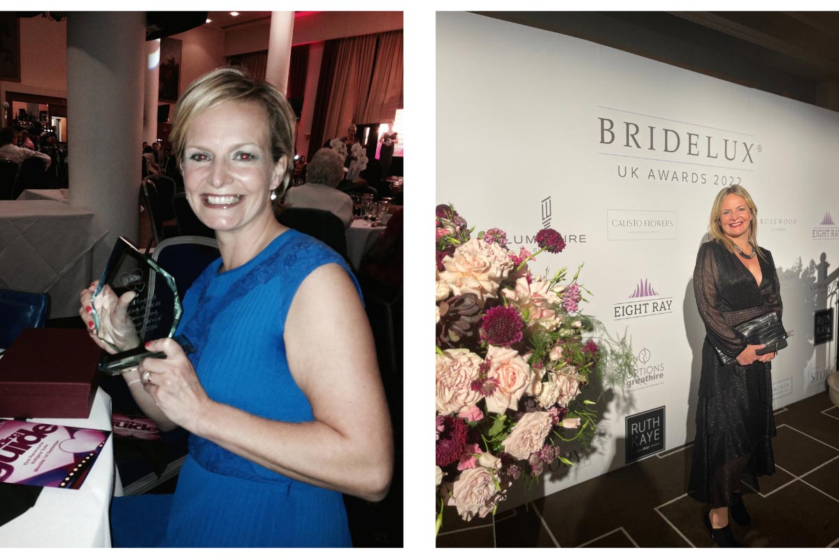 Two images of Emma Wilson from Story Of Your Day Winning Award for Videography and attending the Bridelux Awards