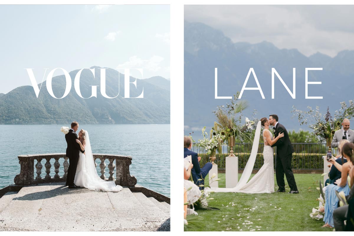 Two images labelled Vogue and Lane, showing wedding couples embracing by a Lake on their wedding day. 