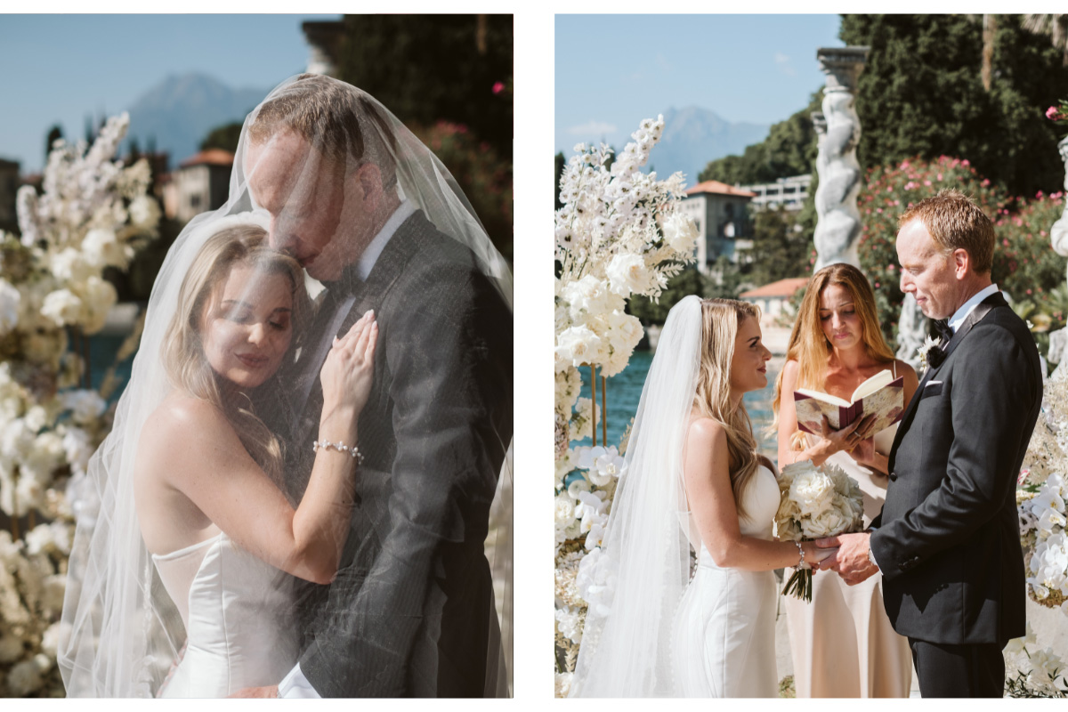 Two images of a bride and groom on their elopement to Lake Como, the one of the left is a posed image with the couple under a veil. The one on the right is during their wedding ceremony. 