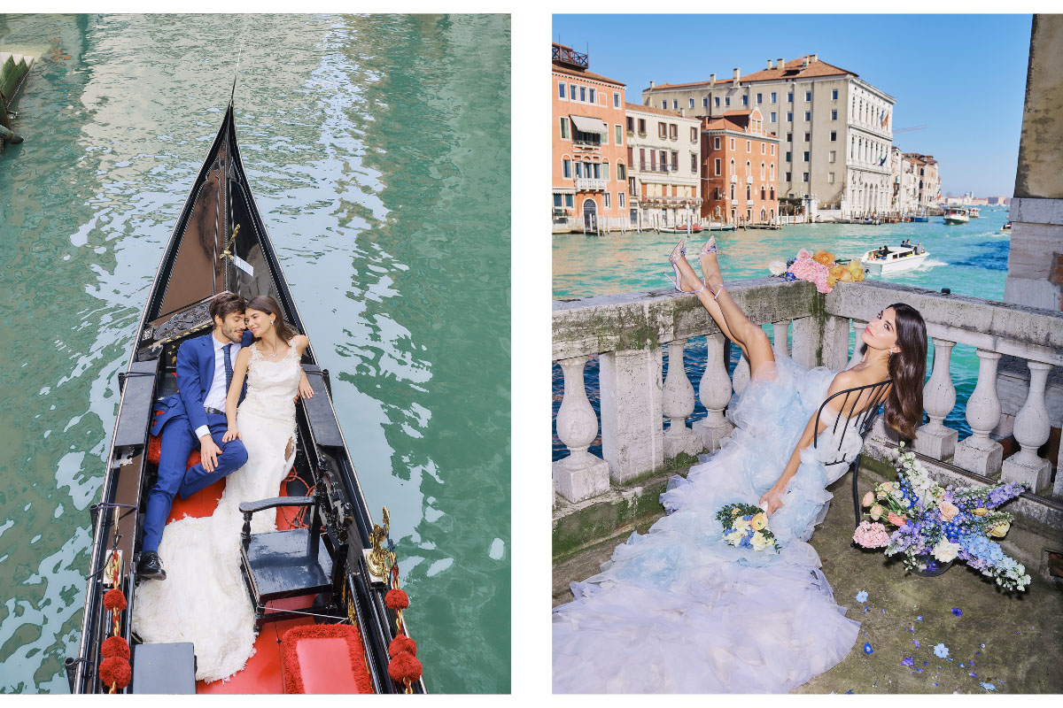 Two images from a styled shoot in Venice. The image on the left shows a couple relaxing in a gondola the canal. The image on the right is a bride on a chair, with her feet up on a stone balcony, with flowers around her.